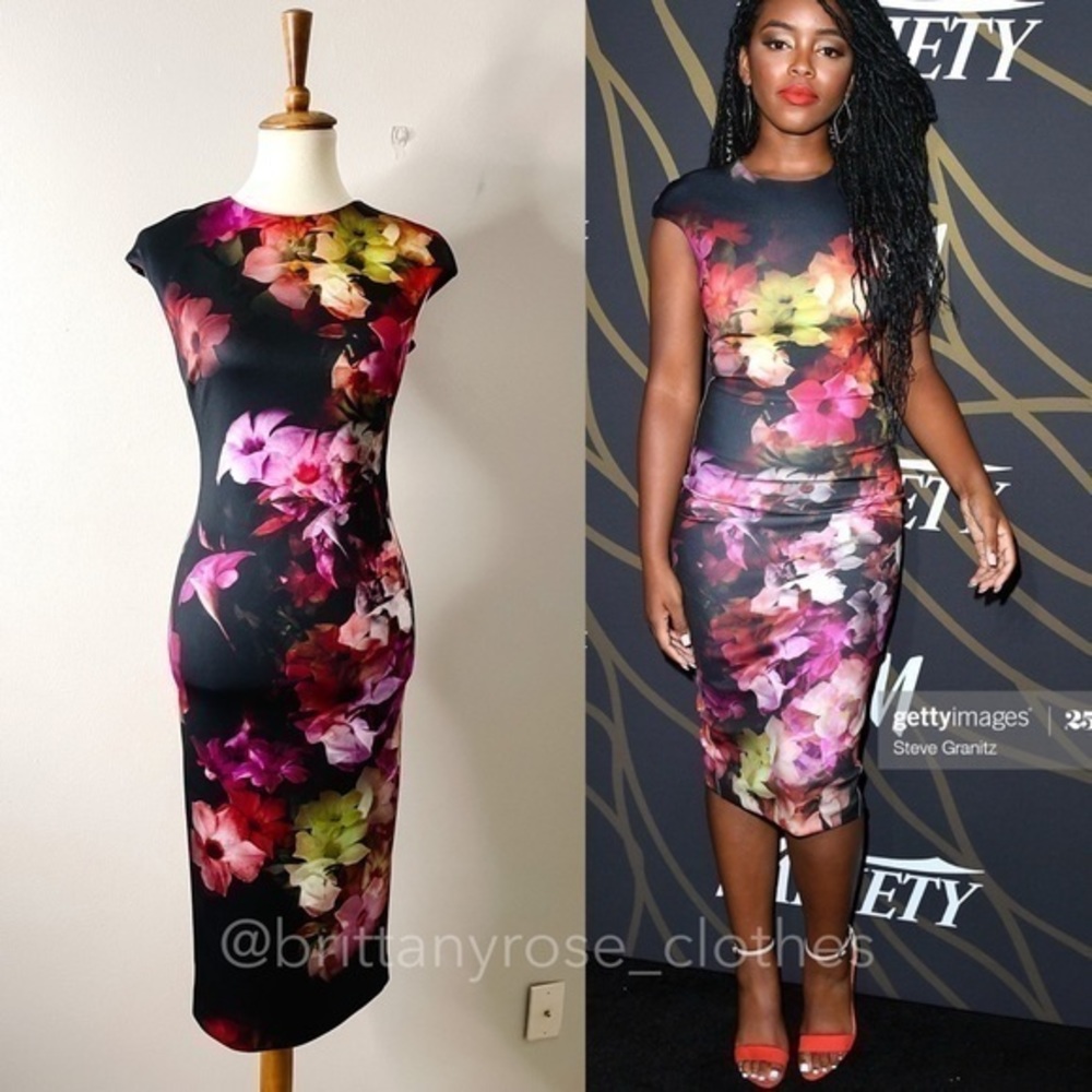 TED BAKER Catina Cascading Floral Midi Bodycon Dress in Purple